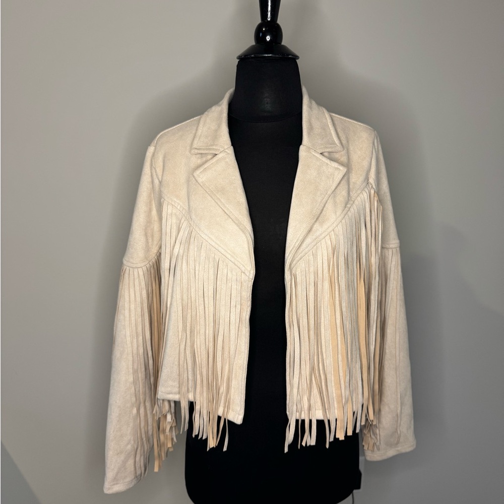 Cream Fringe Blazer with Suede Finish